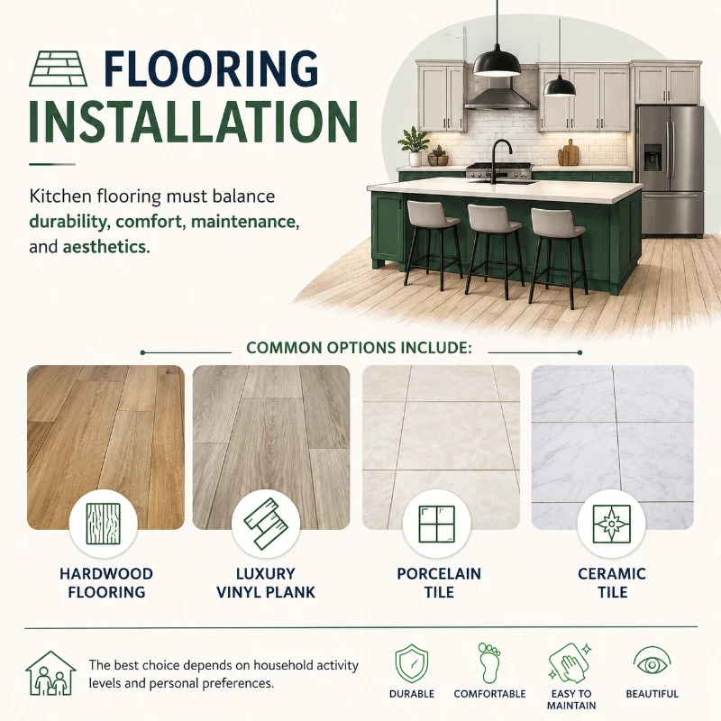 Hardwood and luxury vinyl plank flooring installed in a kitchen remodel for durability and style