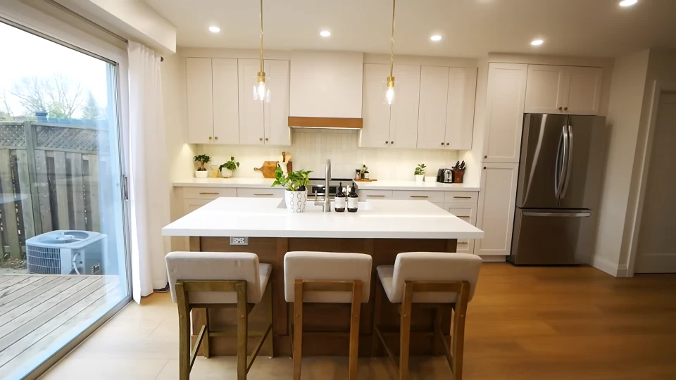 Custom kitchen island with seating, storage, and workspace serving as the centerpiece of a remodeled kitchen