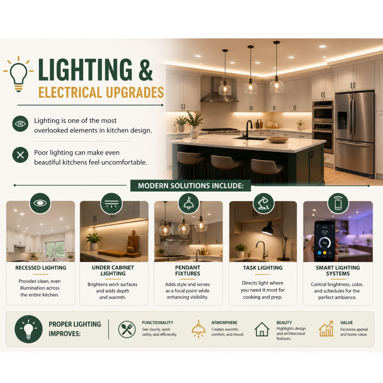 Modern kitchen lighting upgrade with pendant fixtures, under cabinet lighting, and recessed lighting